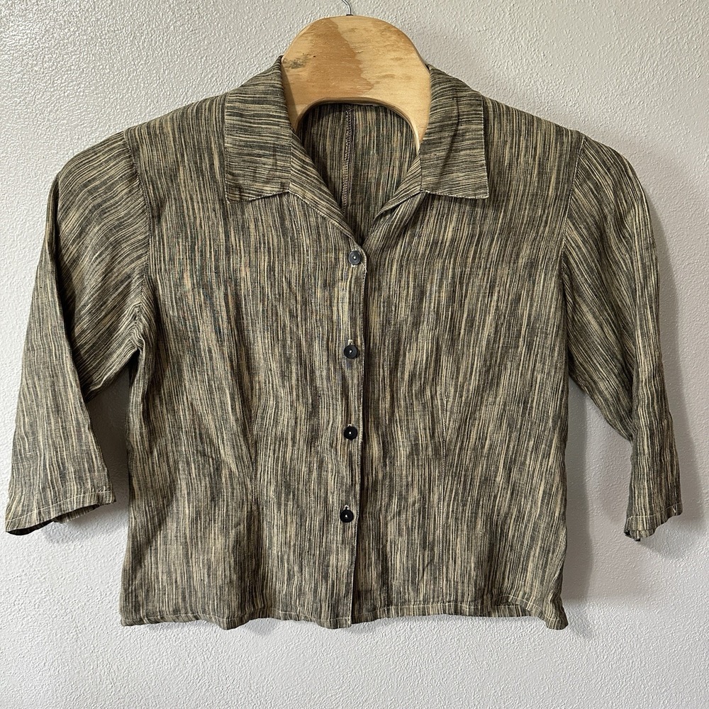 Cut Loose Oversized Boxy Linen Button Up Lagenlook Size Large‎ Beige Gray Stripe